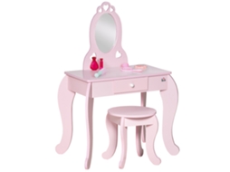 Penteadeira de Madeira Infantil para 3 a 6 Anos com Banquinho Combinando em Gavetas e Espelho Tipo Princesa 60x36x88 Cm Rosa Ge