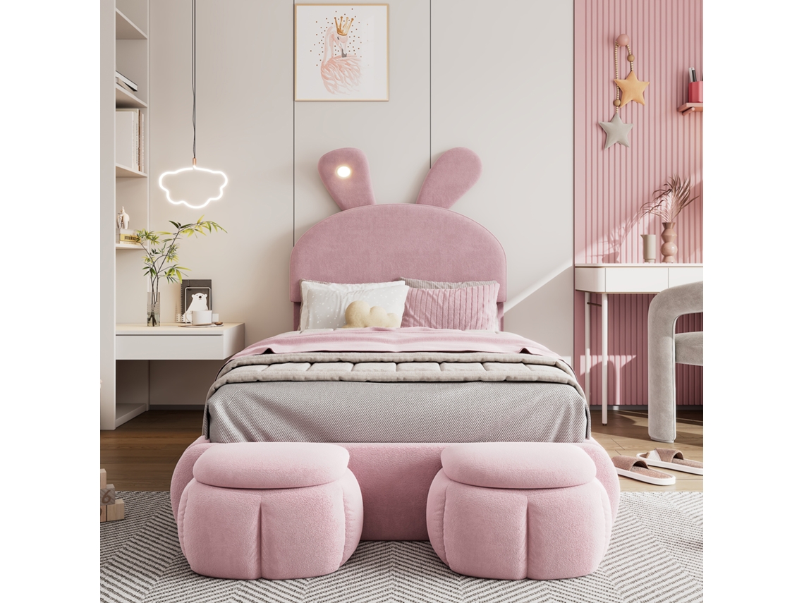 Cama Polster Solteiro Rosa 90x200cm Orelhas Coelho Listras Luz Gavetas Armazenamento