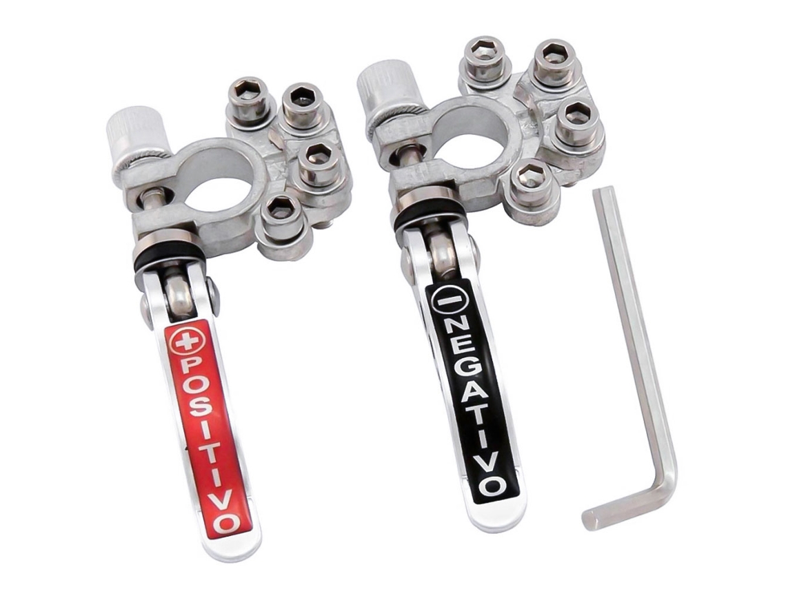 Conectores de terminais de bateria automotiva com desconexão rápida, garras positivas e negativas com chave Allen.