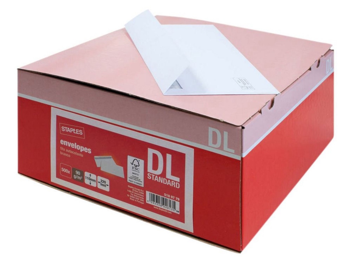 Staples Envelope Comercial, International DL, 110 x 220 mm, Autocolante, Papel, Branco, Caixa 500 Unidades
