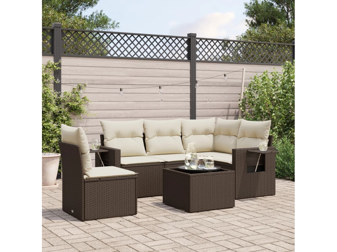 Vidaxl 6 Pcs Conjunto De Sofás Jardim C/ Almofadões Vime Pe Castanho