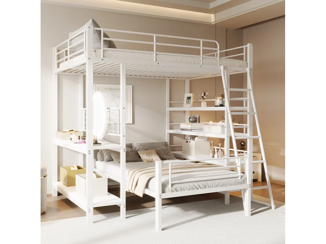 Beliche De Metal 140x200 Cm Com Prateleiras Multifuncionais Para Armazenamento, Cama Alta Branca