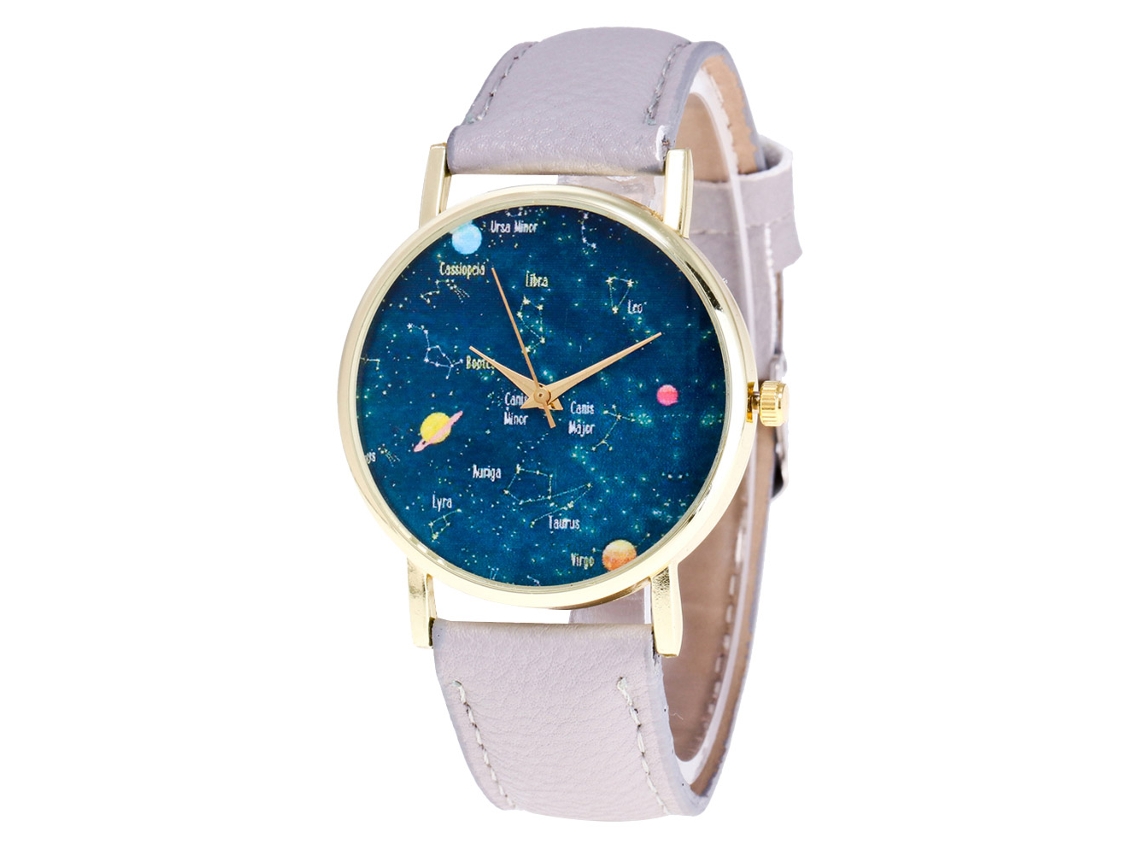 Relógio de Pulso Feminino Casual com Pulseira de Pu Estilo Simples e Mostrador com Estrelas Cinza