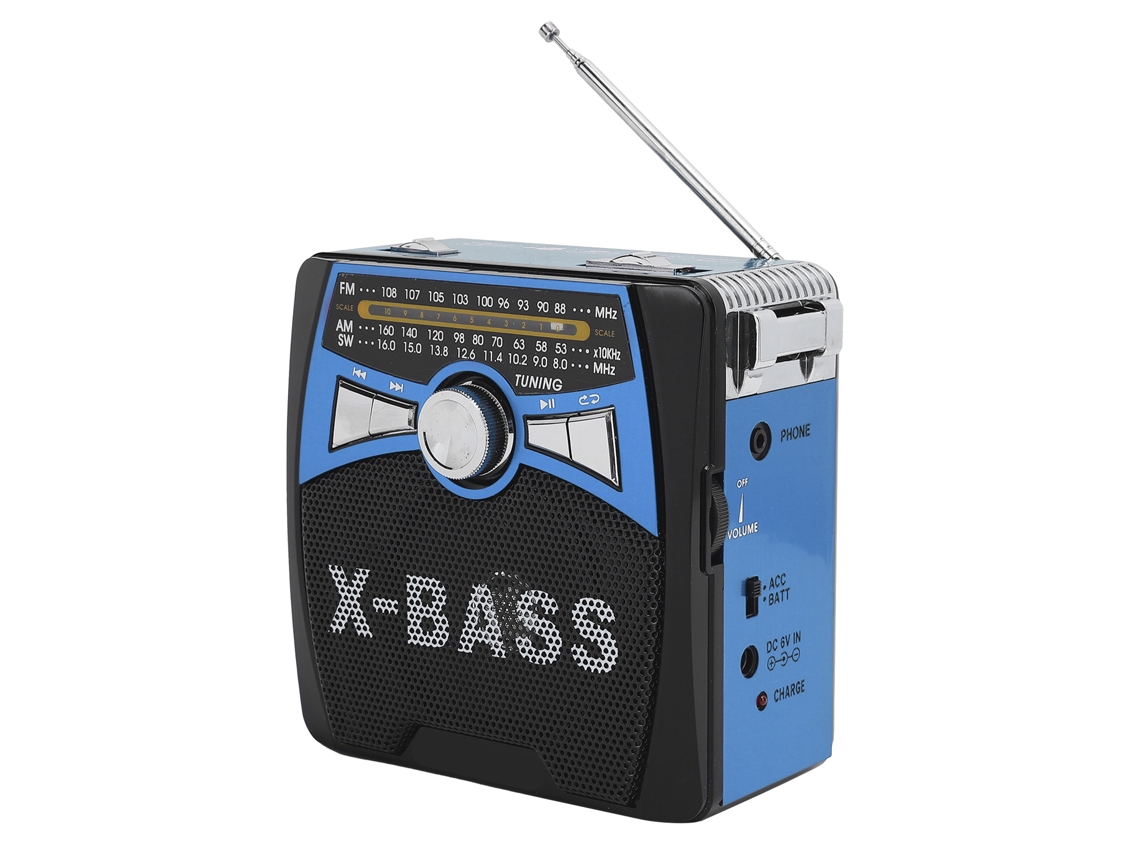 Rádio Mali portátil com banda FM, AM, SW, antena telescópica, reprodutor USB, azul