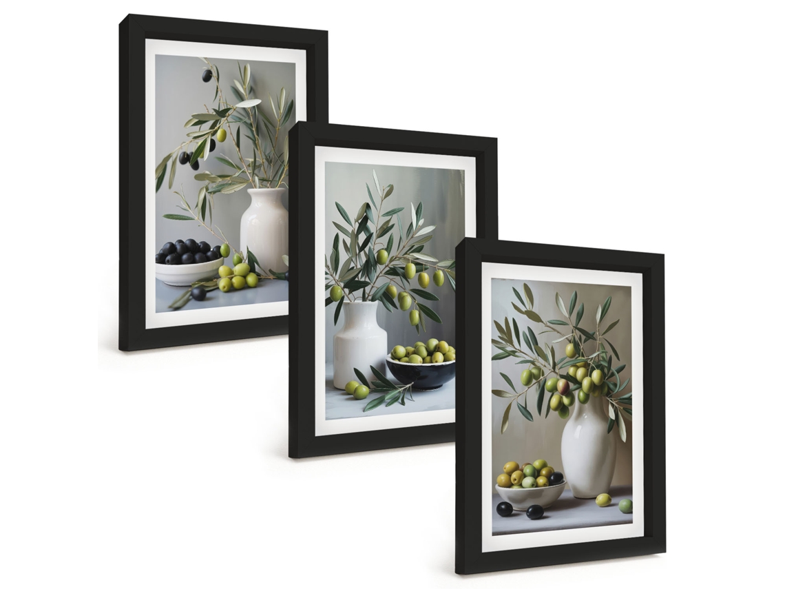 Quadros Decorativos Para Paredeazeitonas Em Vasos, Cinza Moldura Preta Quadros Para O Escritório Espelharte (3 Peças 20x30 Cm)