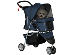 Carrinho Pet Dobrável E Gatos, Rodas Giratórias, Cesto E Suporte Para Copos, 75x45x97 Cm, Azul Escuro