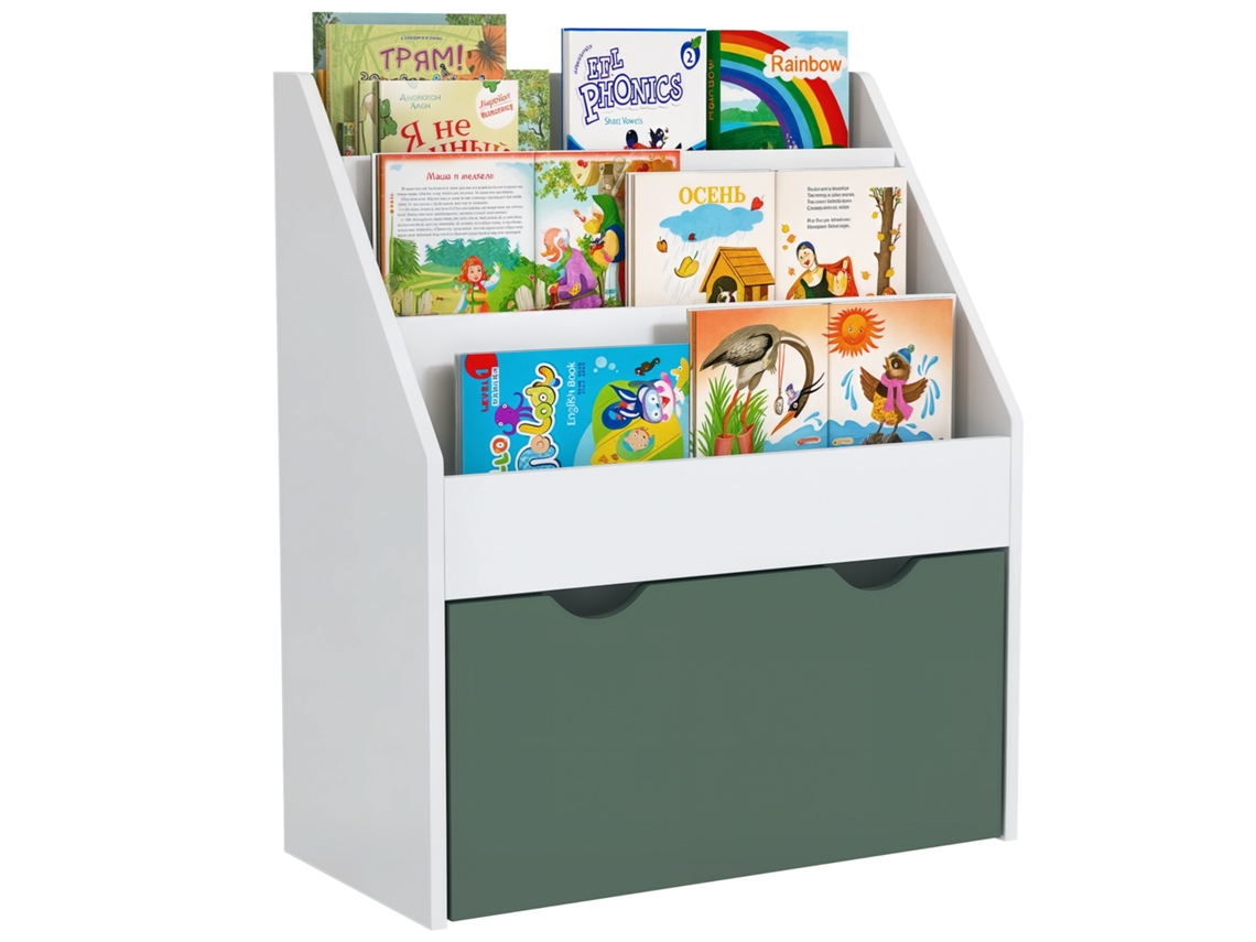 Estante Infantil Multifuncional Com 3 Prateleiras E Uma Gaveta. 62,5 Cm (comprimento) X 30 Cm (largura) X 70 Cm (altura). Verde.