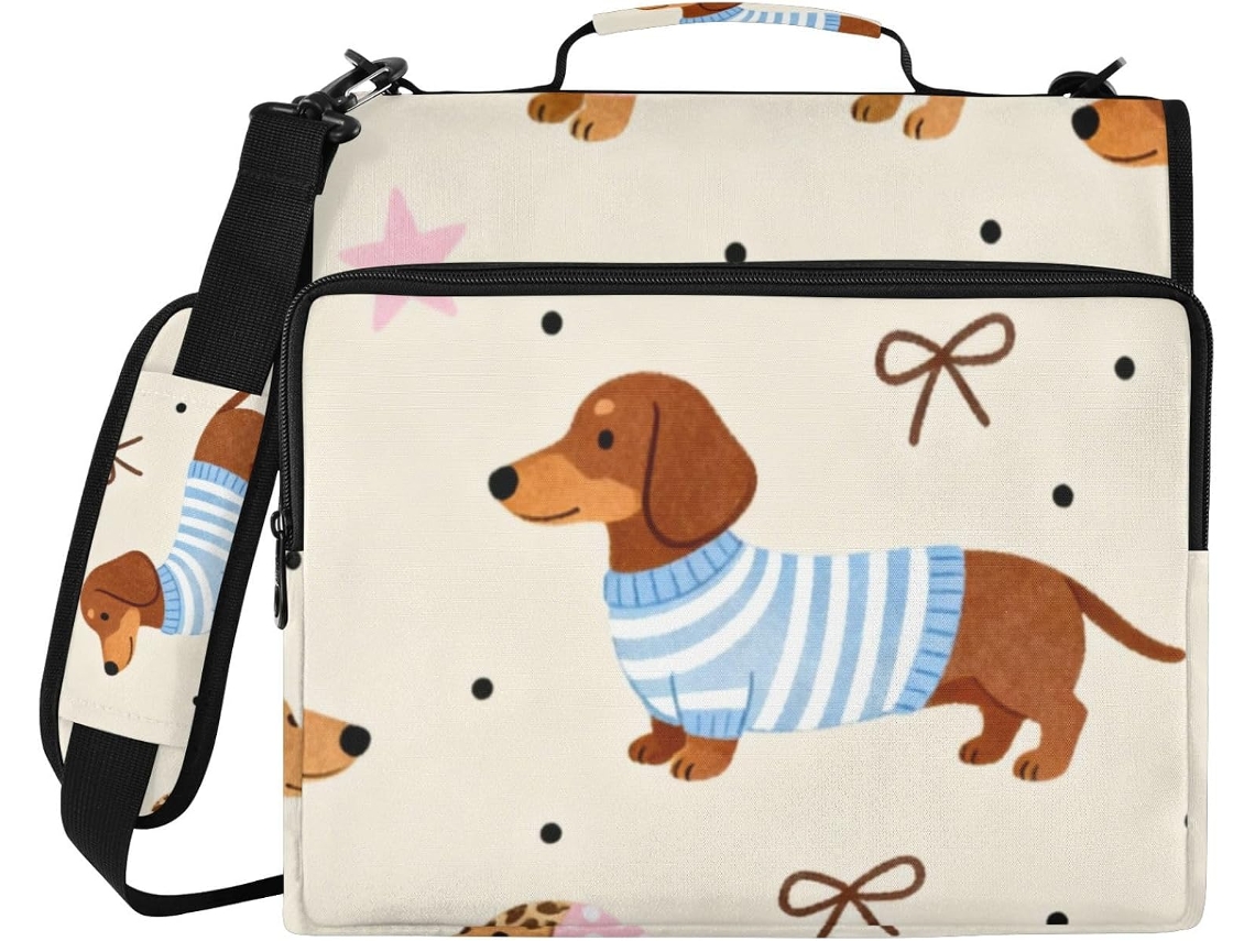 Organizador De 3 Argolas Com Estampa Um Fofo Dachshund Marrom Desenho Animado, Com Alça E De Ombro Removível Pasta