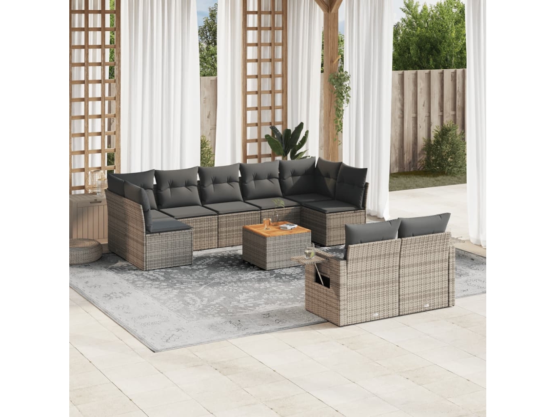 10 Pcs Conjunto Sofás De Jardim C/ Almofadões Vime Pe Cinza Dkd Home Decor