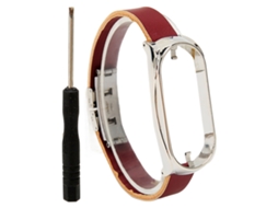 Pulseira de Couro Pu com Capa Protetora para Mi Band 7 Aço Inoxidável Marrom e Prata