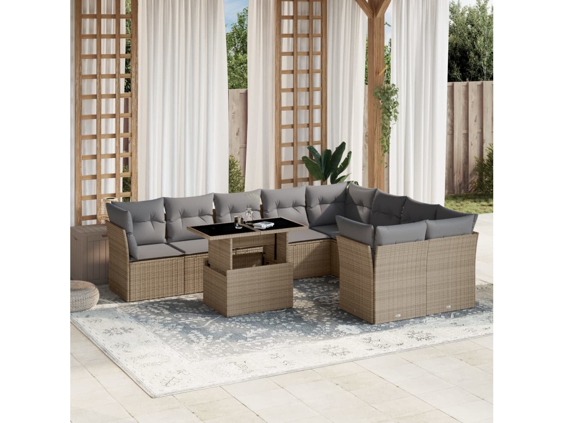 Vidaxl 10 Pcs Conjunto De Sofás P/ Jardim Com Almofadões Vime Pe Bege