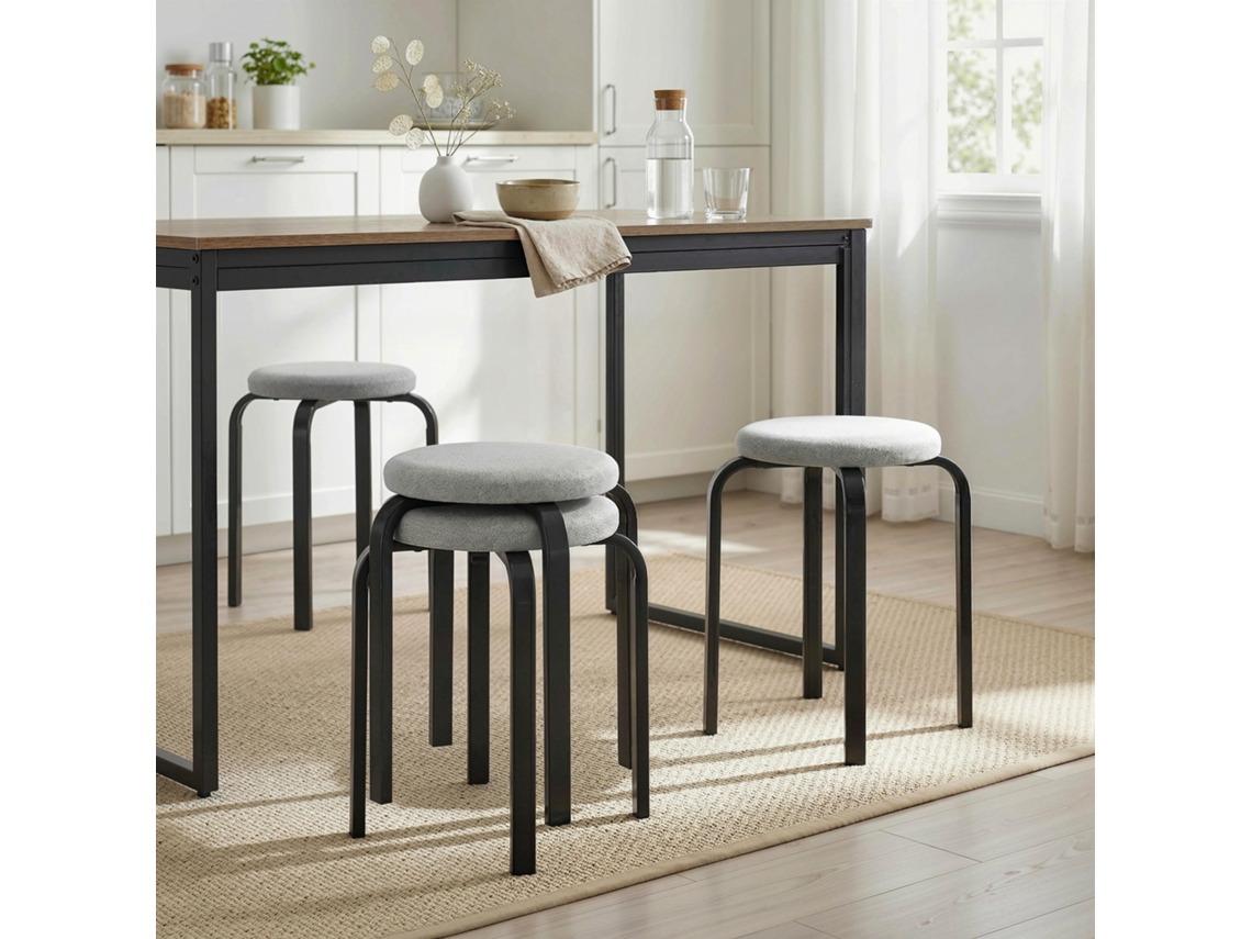 Stacking Stool Set With 4 Pieces. Modern Padded Round Stool Without Backrest For Kitchen, Dining Room, Gray