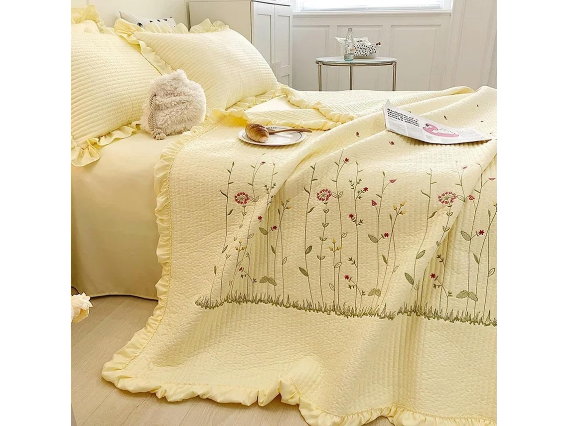 Conjunto de 1/3/4 Peças Bduck com Edredom Verão Bordado Floral Babados Colcha Acolchoada Estilo Princesa Cober