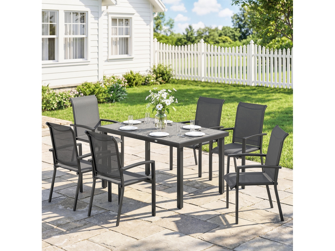 Conjunto Externo 7 Peças: Mesa De Jardim 2 Seções E 6 Cadeiras Empilháveis Em Texteline, Cinza