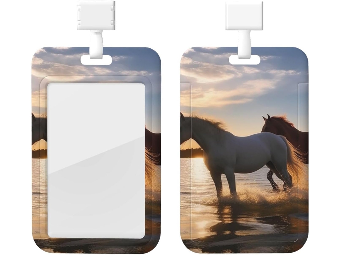 Porta Crachá Com Cordão, Estampa De Cavalos No Lago Ao Pôr Do Sol Estojo Plástico Impermeável Crachá, Capa