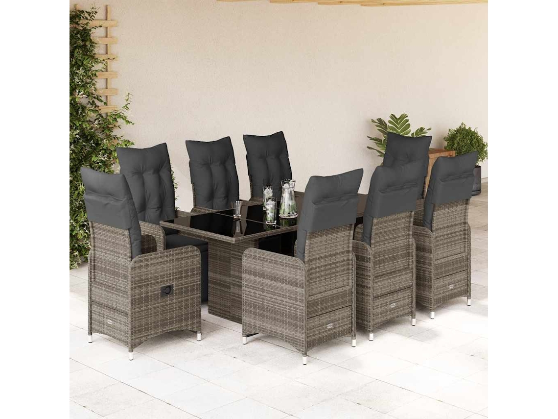 Vidaxl 9 Pcs Conjunto Bistrô de Jardim C/ Almofadões Vime Pe Cinzento
