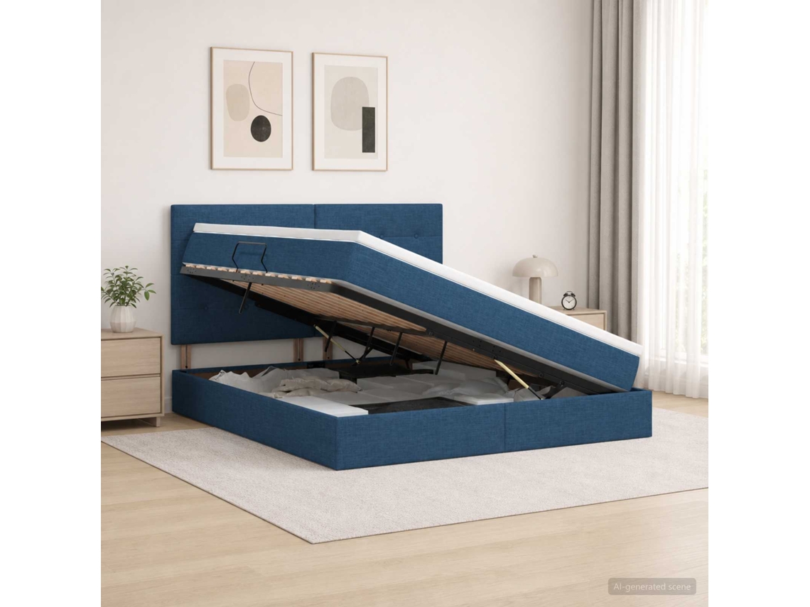 Vidaxl Cama Com Arrumação E Colchão Azul 160 X 200 Cm Tecido