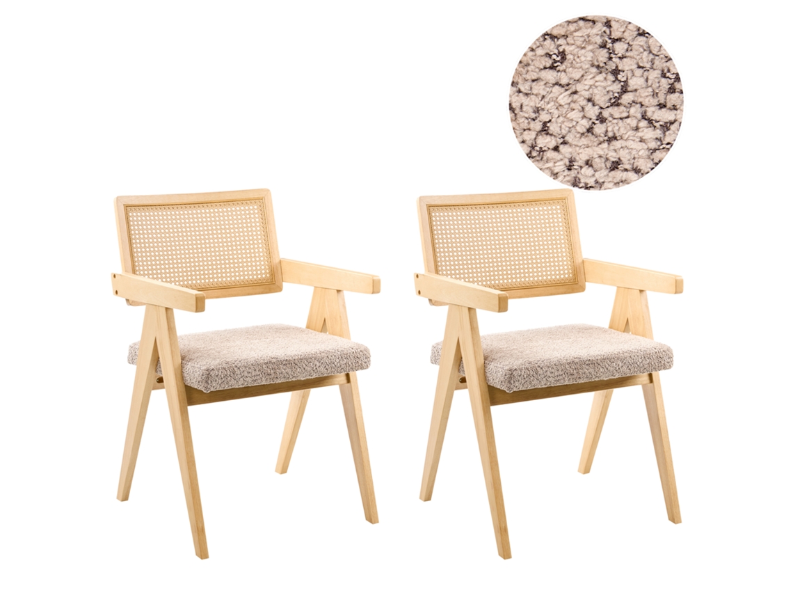 Conjunto De 2 Cadeiras De Refeição Retro Com Assento Felpudo Beliani Ava De Madeira De Seringueira Creme 55x62x85