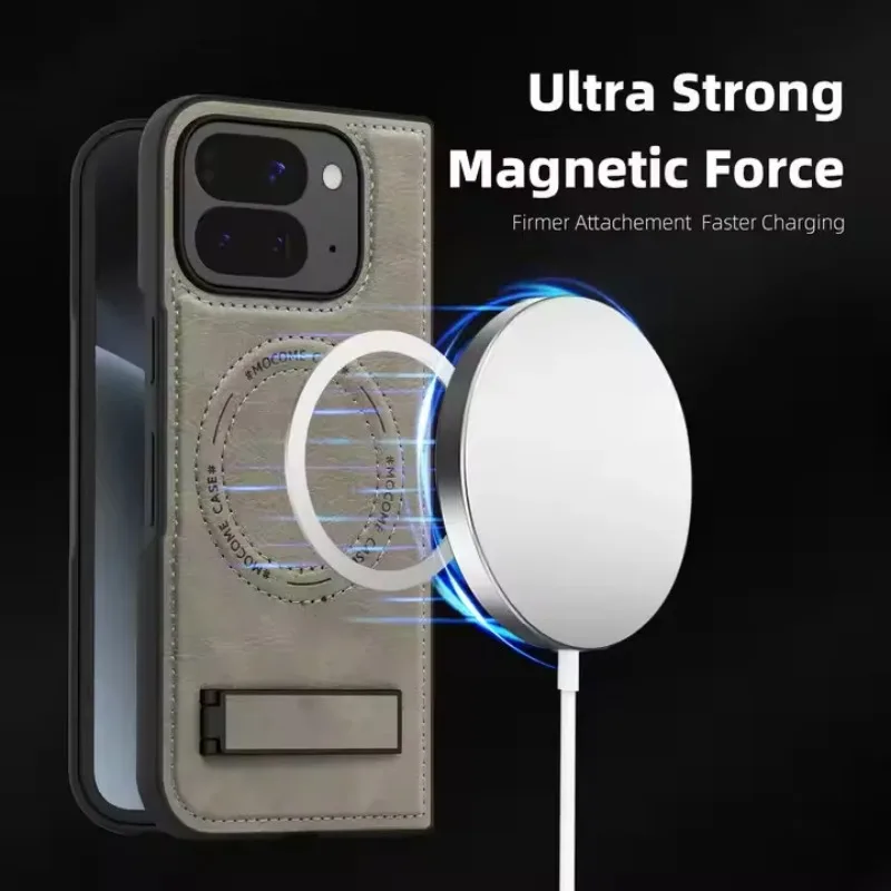 Capa Protetora De Couro Com Suporte Magnético E Carregamento Sem Fio Para Pixel 10 Pro Fold (cinza), Estilo Armor.