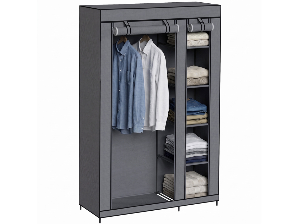 Guarda-roupa Móvel Em Tecido Com Cabideiro E 5 Compartimentos De Arrumação, Cinza.