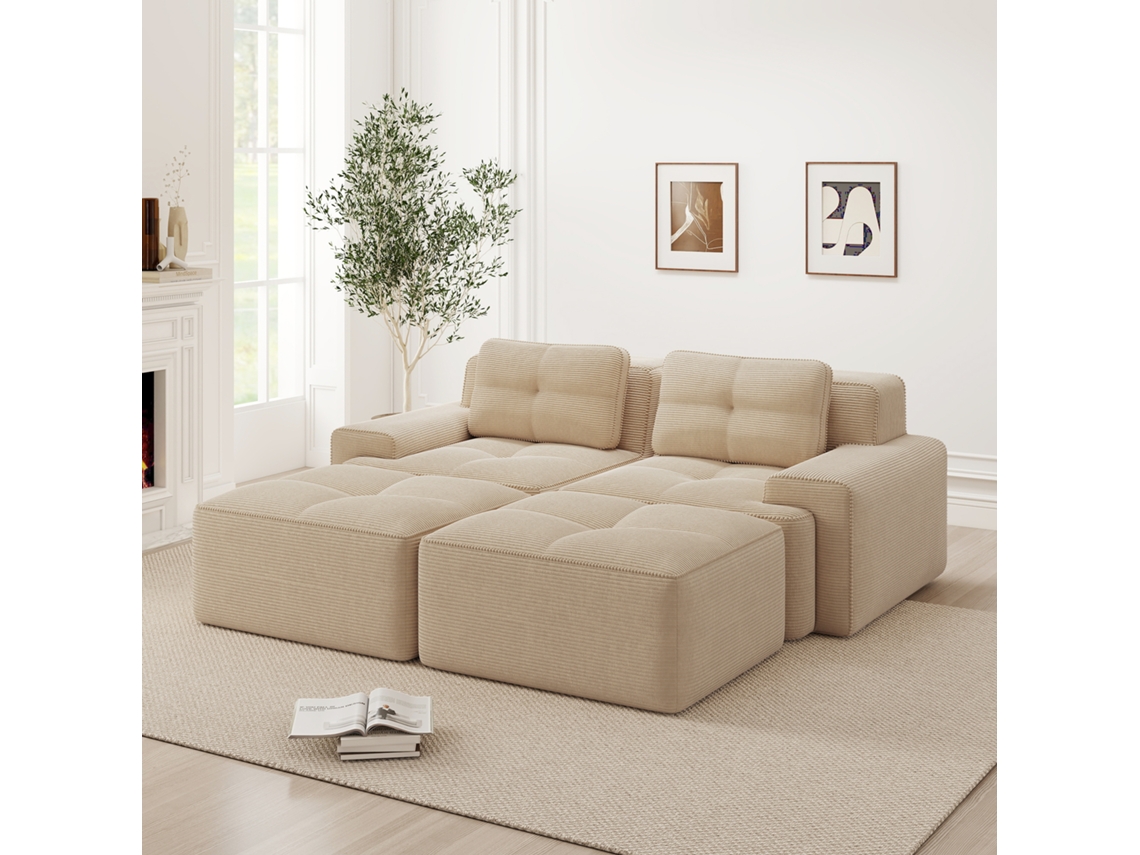Sofá Modular Nuvem U, Veludo Cotelê Bege, Com Pufe E Assento Profundo, Sem Montagem.