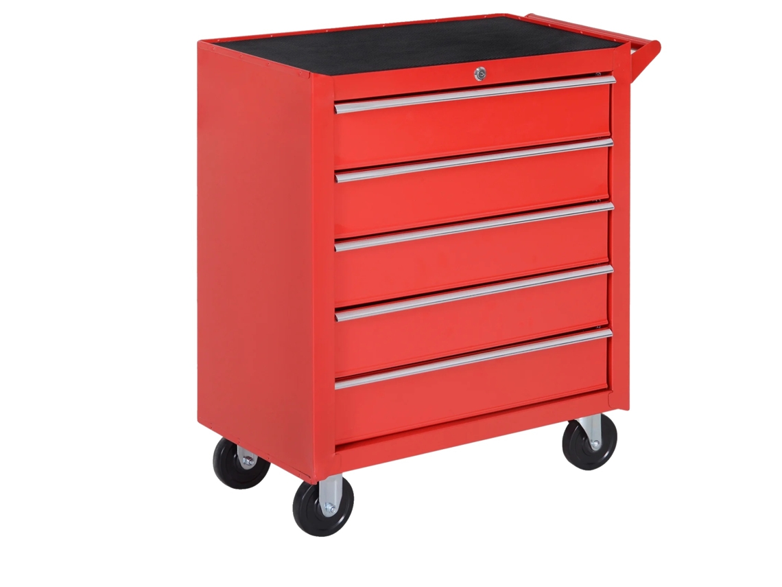Carro De Oficina, 5 Gavetas Espaçosas, Design Com Fechadura, Vermelho