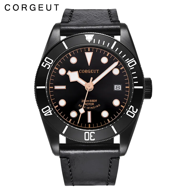 Relógio Masculino Mecânico Automático Preto, Estilo Mergulho Robusto Com Pulseira De Couro Genuíno.