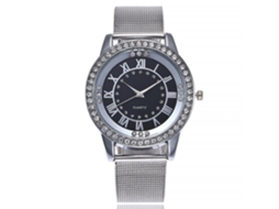 Relógio Quartz Feminino Vansvar Pulseira de Malha de Aço Números Romanos Prata Preta