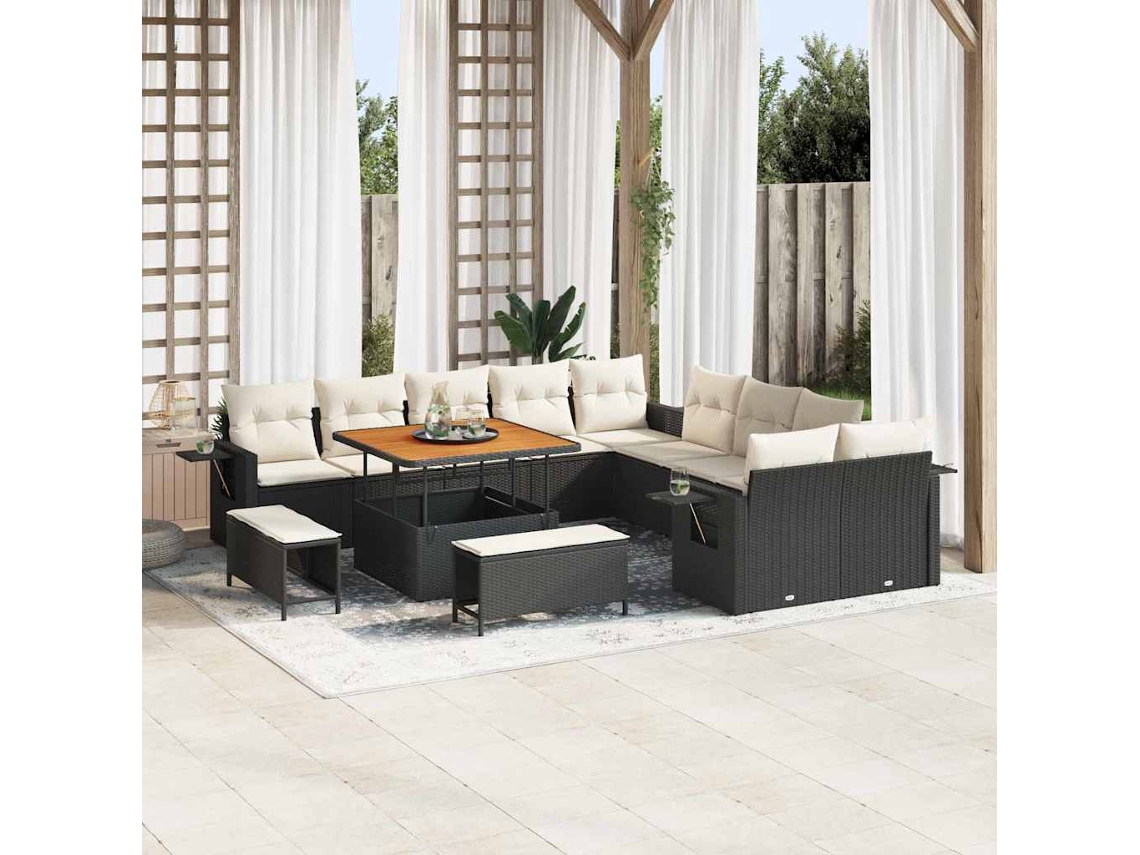 Vidaxl Conjunto De Sofá De Jardim Com Almofada 13 Pcs Preto Vime Pe