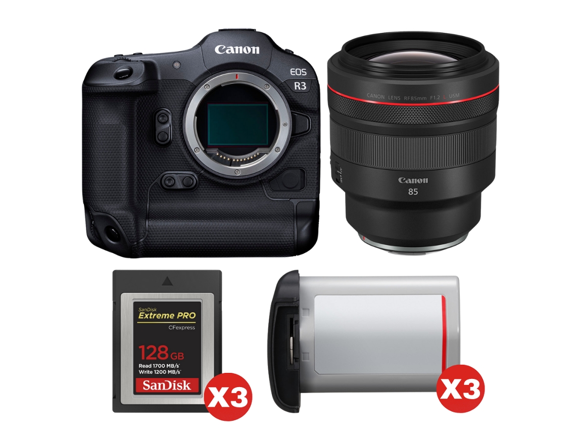 Eos R3 + Rf 85mm F/1.2 L Usm + 3 Sandisk 128gb Extreme Pro Cfexpress Type B + 3 Canon Lp e19 + Ebook “20 Dicas para Fotos Que Impressionam” CANON