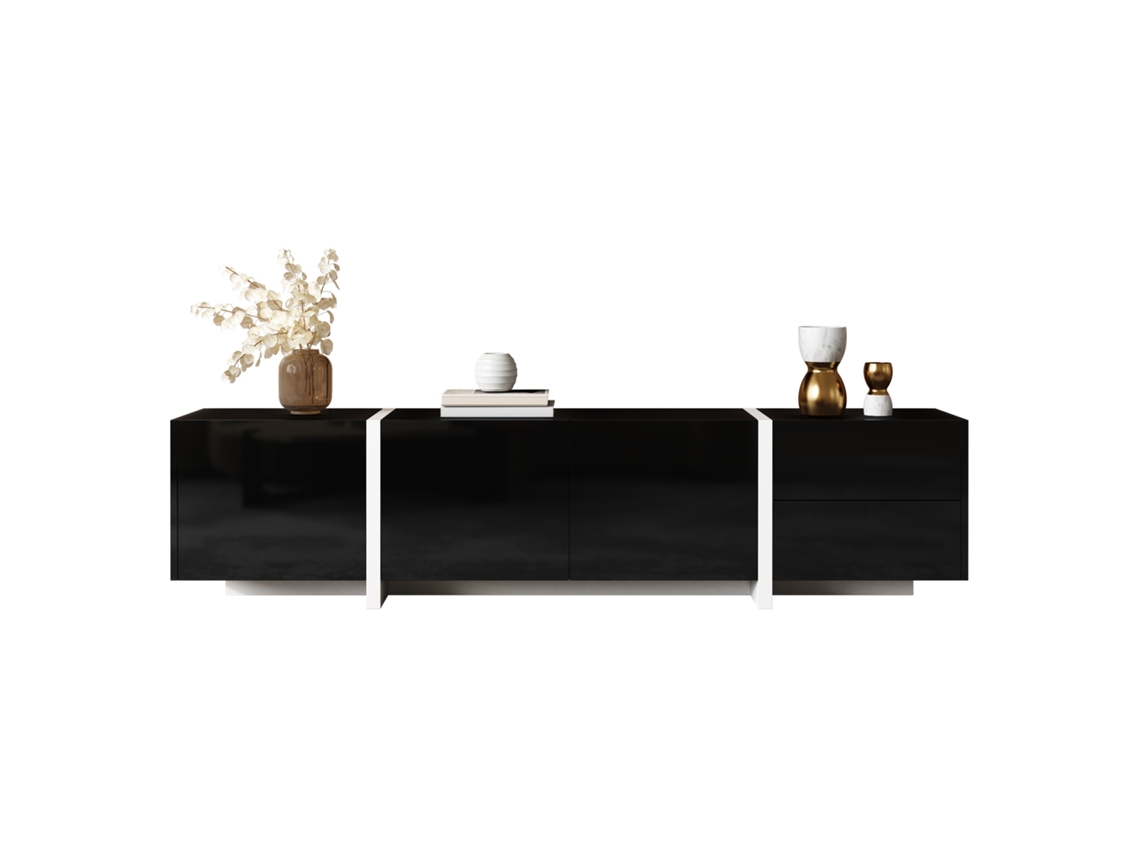 Móvel Tv Baixo Preto Branco Led Faixa Luz Design Moderno Sala VELTRIX