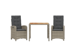 Conjunto 3 de jantar p/ jardim c/ almofadões VIDAXL vime PE cinza