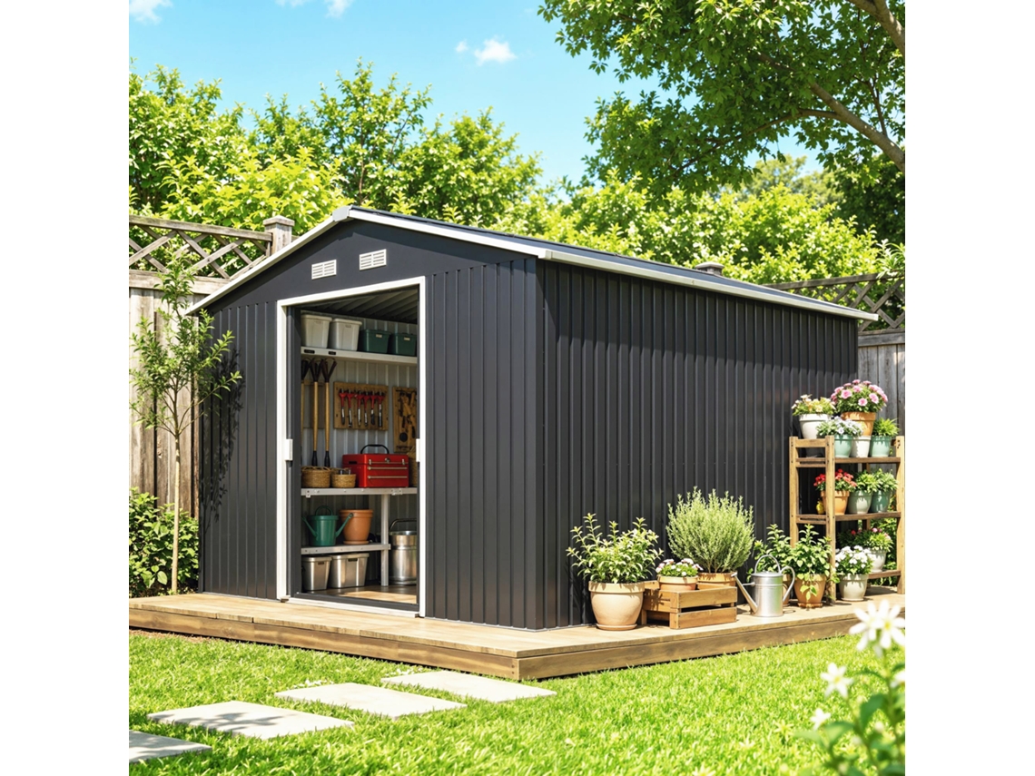 Cobertizo De Jardín 8,3 M² 277x322x192 Cm Con 2 Puertas Corredizas Base Refuerzo (suelo No Incluido) Gris