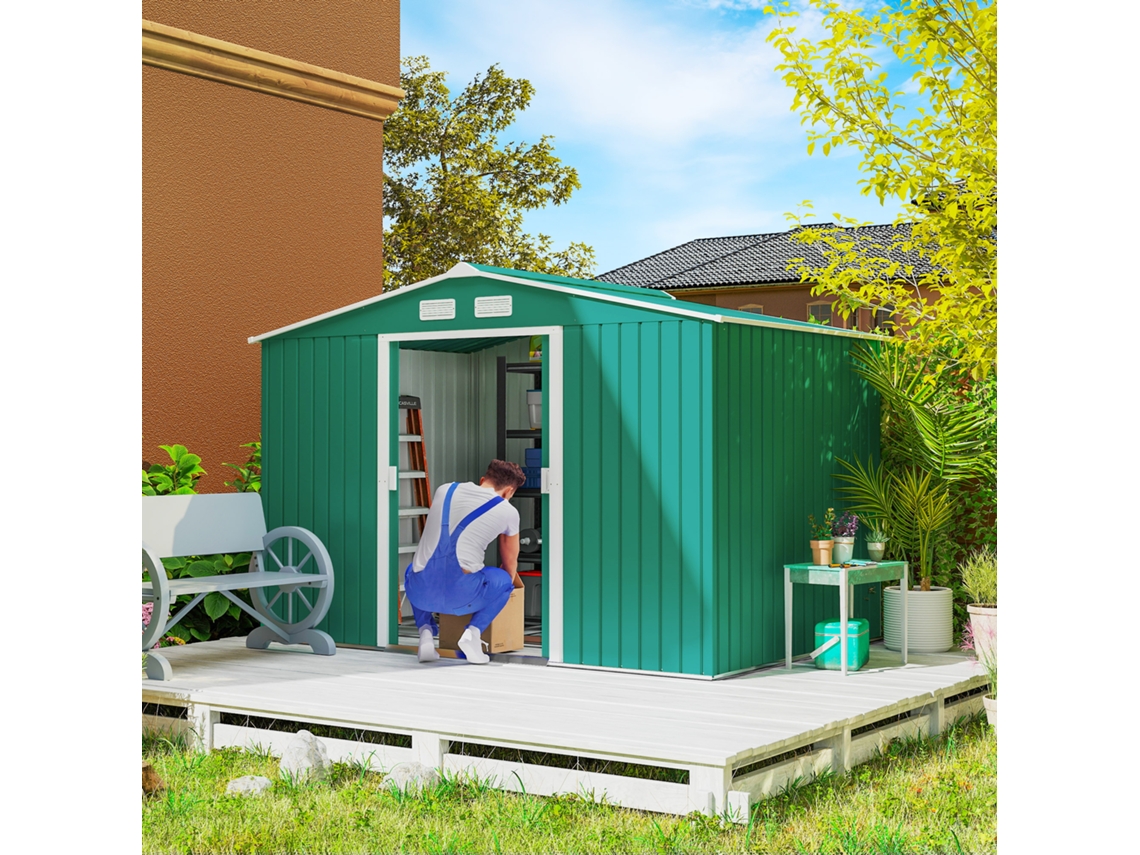 Galpão Externo Verde Escuro 277x195x192 Cm, 4,9 M², Duas Portas Corrediças, Estrutura Com Base Reforçada (sem Piso Incluso)