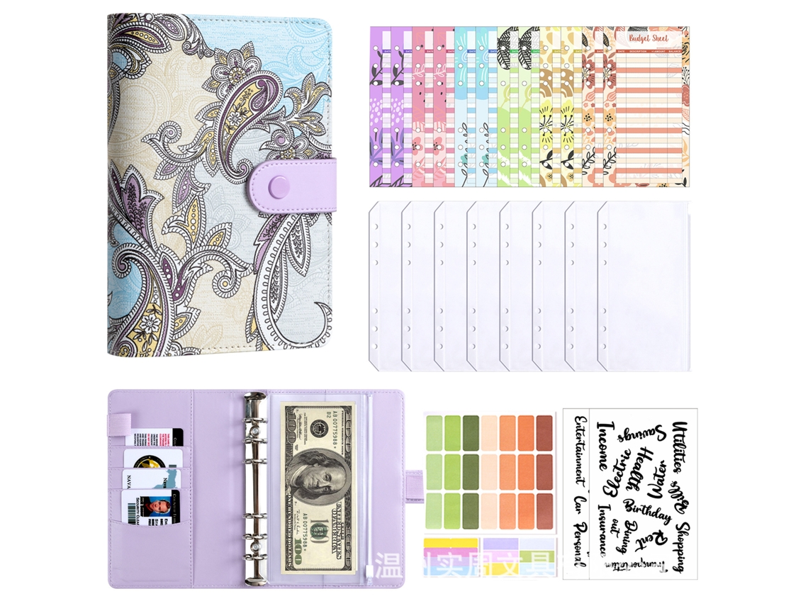 Creative Paisley Pattern A6 Budget Planner Notebook, Purple Cover With 8-zipper Pockets, A6 Cash Budget Cards 12-sheets