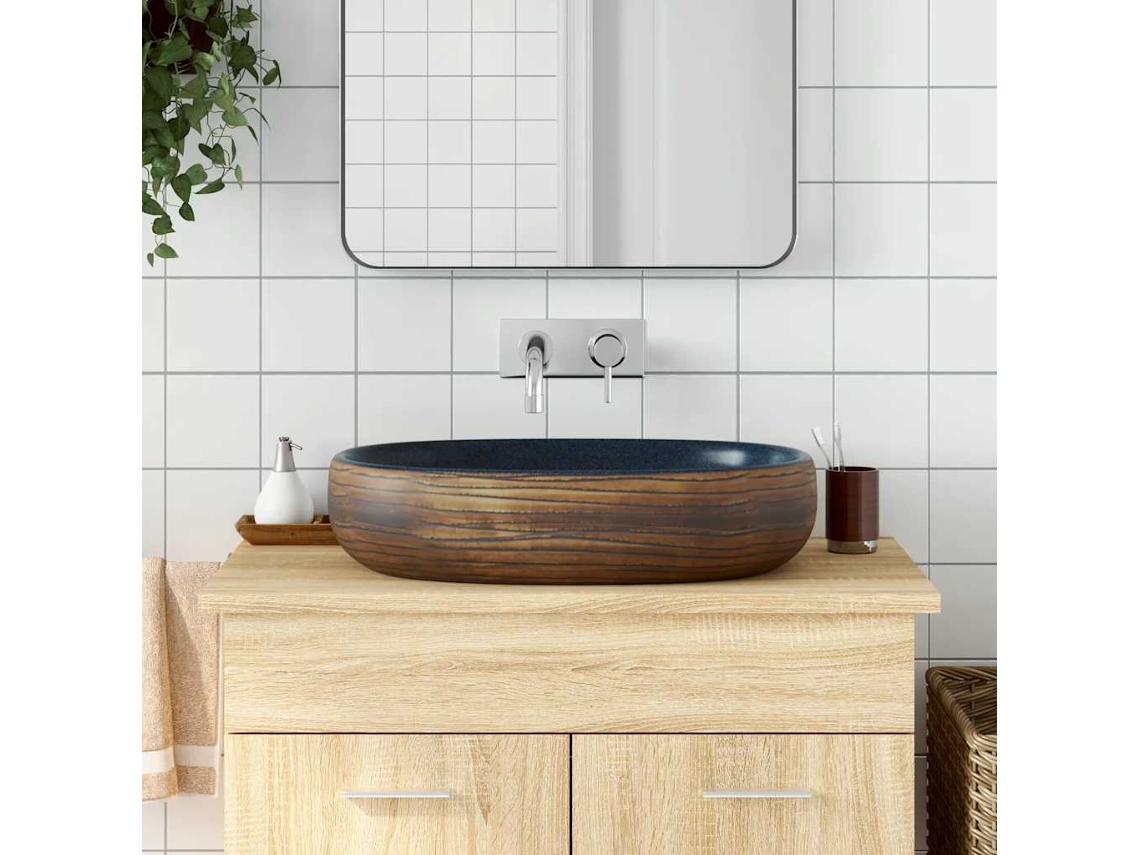 Vidaxl Lavatório De Bancada Oval 59x40x14 Cm Cerâmica Castanho E Azul