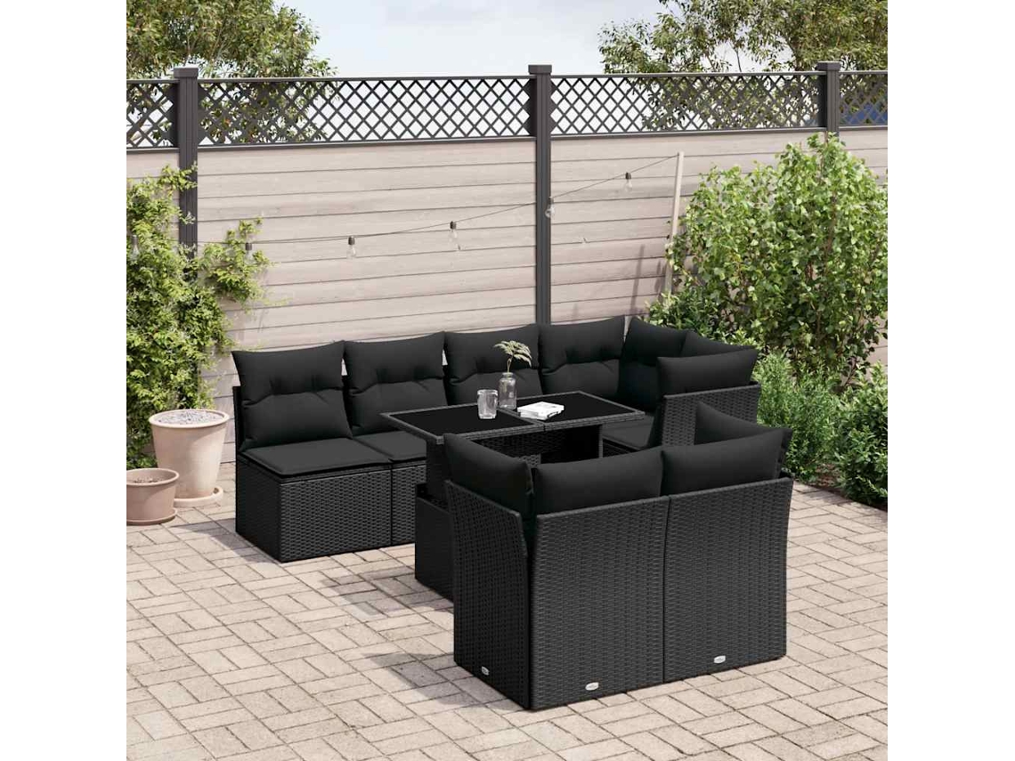 Vidaxl 8 Pcs Conjunto Sofás De Jardim Com Almofadões Vime Pe Preto