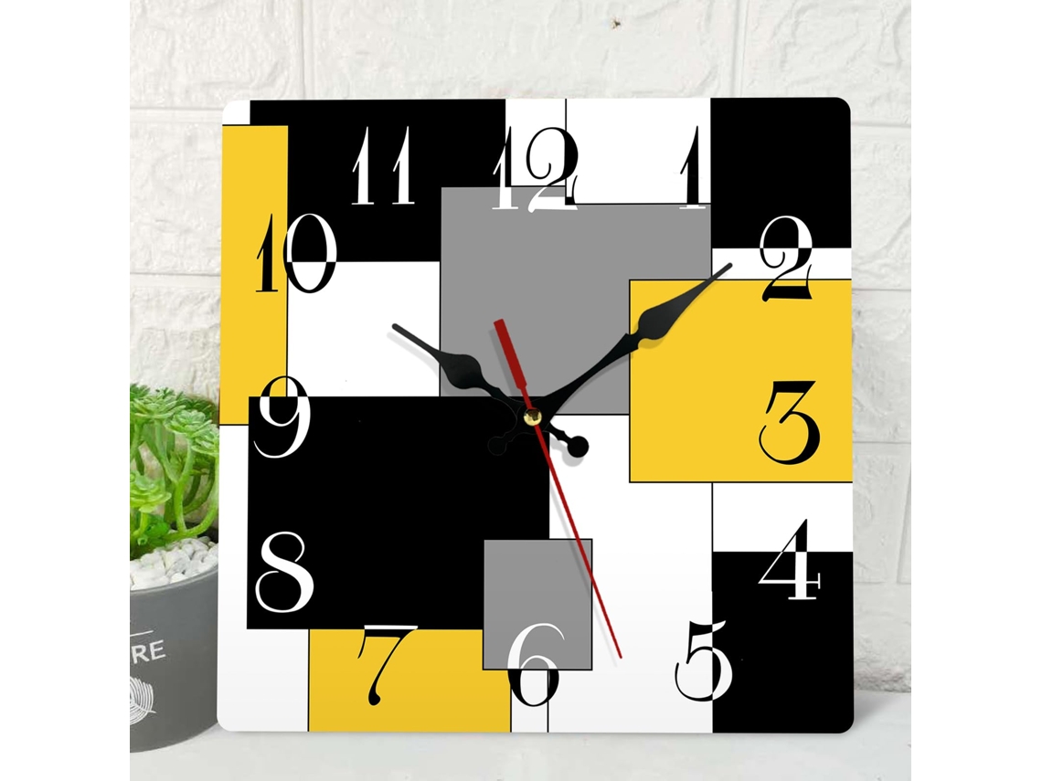Relógio de Parede de Madeira Silencioso Sem Tique taque, Amarelo, Preto, Cinza, Abstrato, Geométrico, Minimalista, Xadrez, Quadrado, Rústico EHSTMIND