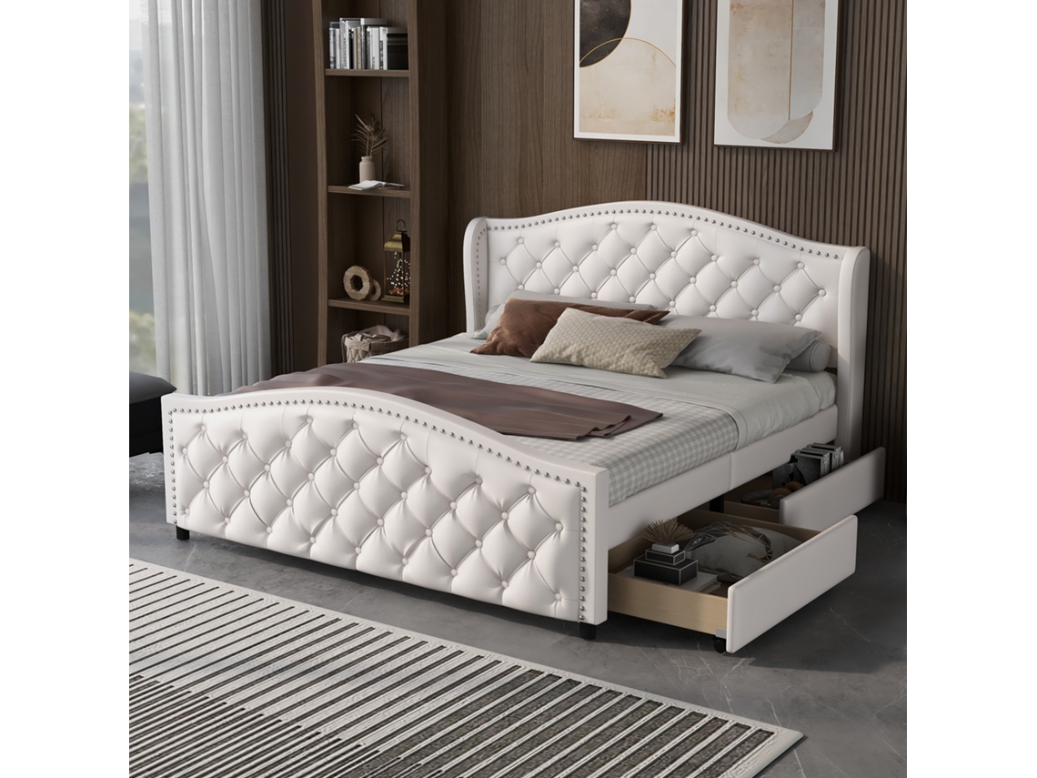 Cama Estofada 160x200 Cm Com Estrado Ripado, 2 Gavetas, Cabeceira Rebites, Madeira/pu Branco Para Adolescentes