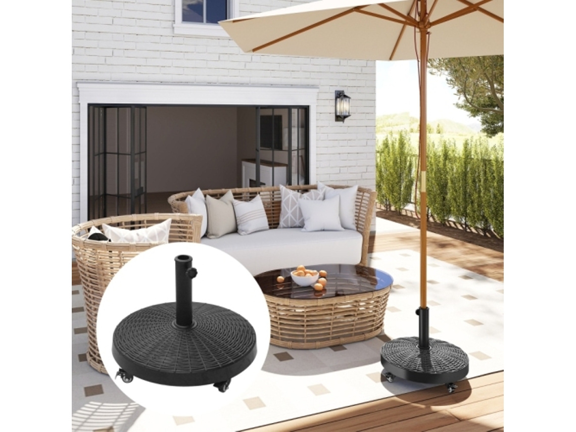 Suporte Para Guarda Sol Com Rodas 25 Kg Base Em Resina E Metal Para Guarda Sóis Ø38/48 Mm Design Em Vime 52x41 Cm Quenty