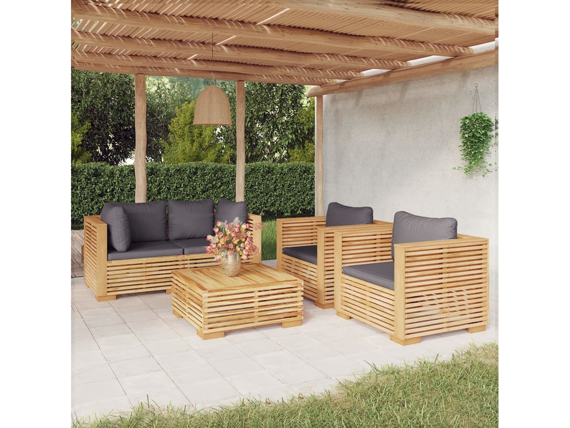 Vidaxl 5 Pcs Conjunto Lounge Jardim C/ Almofadões Madeira Teca Maciça