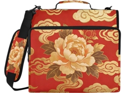 Macarrão estilo chinês com peônia vermelha e dourada, com 3 compartimentos, sacos extras e alça, ideal para transporte.