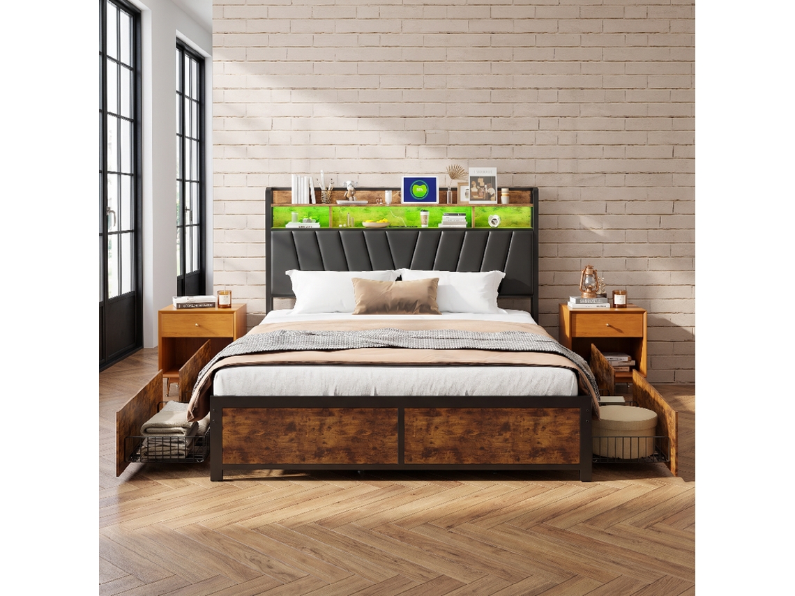 Cama Casal 160x200 Aço Madeira 4 Gavetas Led Usb Prateleira Cabeceira Estrutura Metálica Negra Industrial Inteligente P/apt Pequeno
