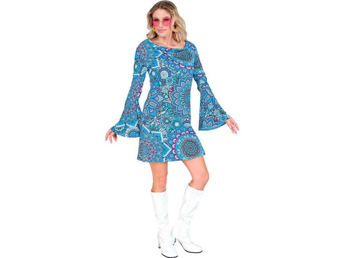 Fato de hippie mandala azul dos anos 60 para mulher