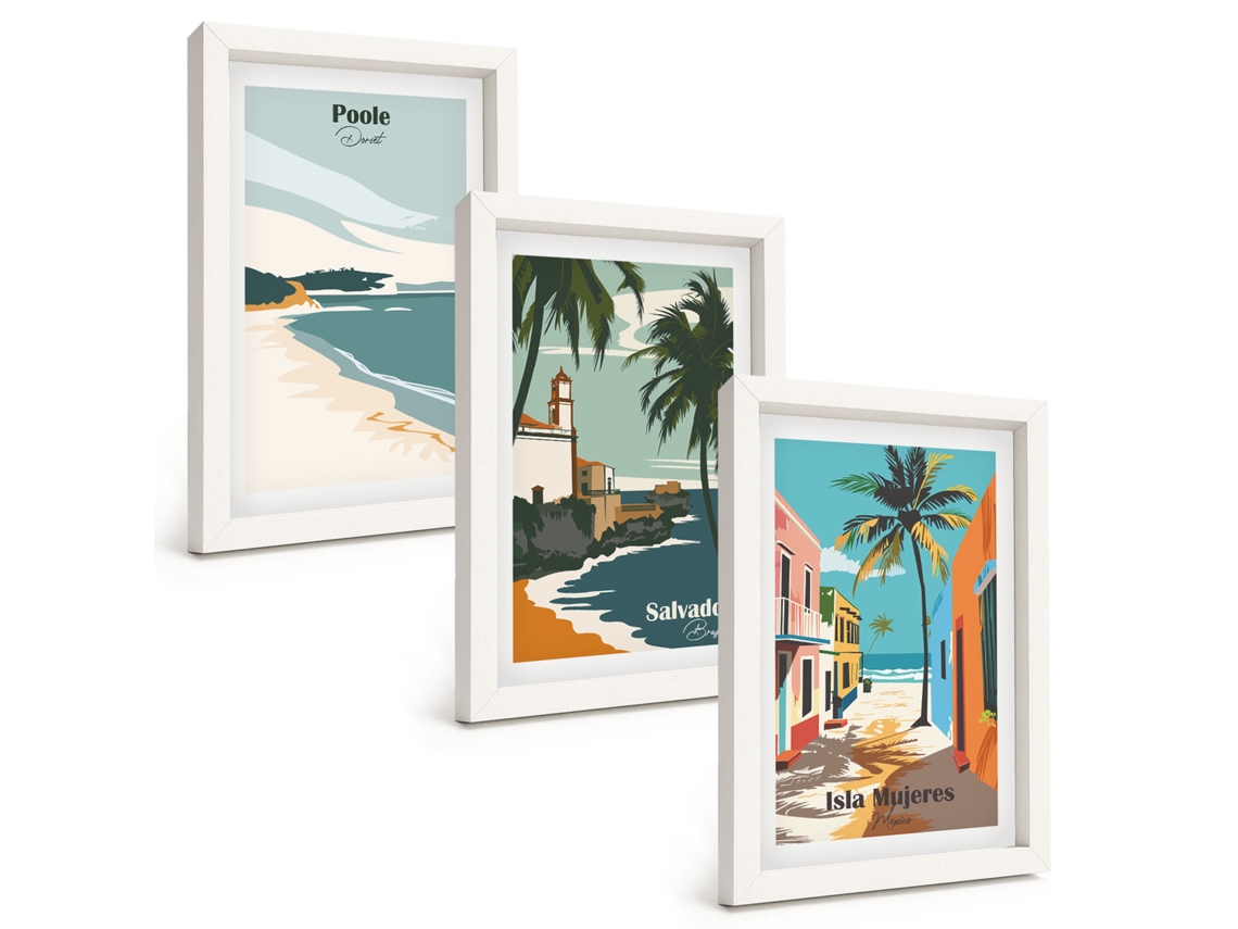 Composição De Quadros Praias Tropicais E Palmeiras Espelharte (3 Peças 20x30 Cm)