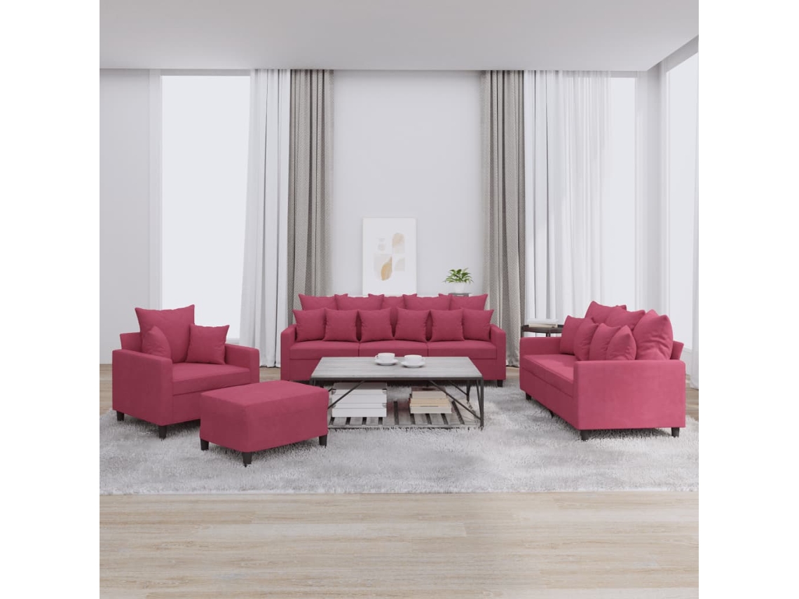 Vidaxl 4 Pcs Conjunto De Sofás Com Almofadões Veludo Vermelho Tinto