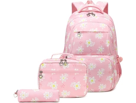 Mochila de grande capacidade impressa para adolescente, conjunto de bolsa escolar, 3 peças, rosa,
