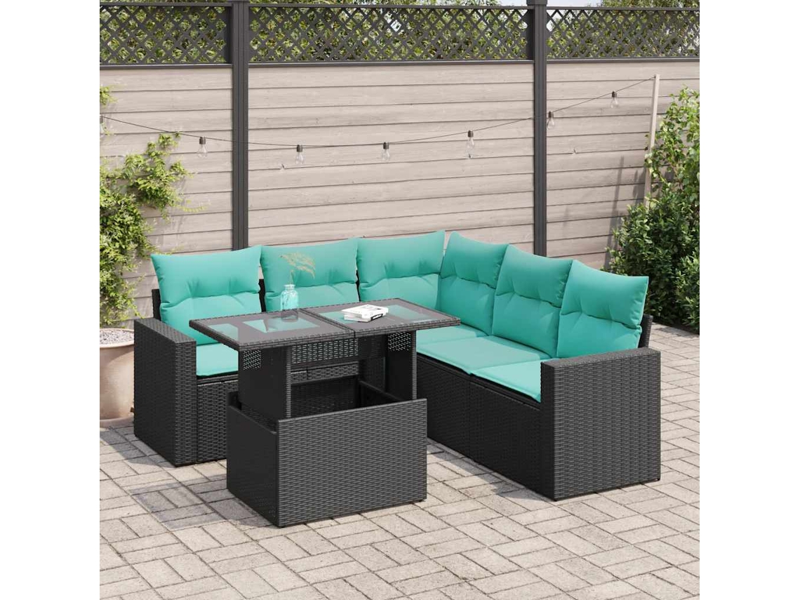 Vidaxl 6 Pcs Conjunto Sofás Jardim C/ Almofadões Vime Pe/acácia Preto