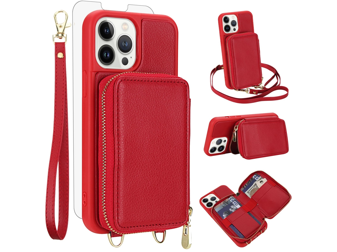 Capa Carteira Em Couro Pu+tpu Com Protetor De Tela Para Iphone 12 Pro Max (6,7 Polegadas) - Vermelha