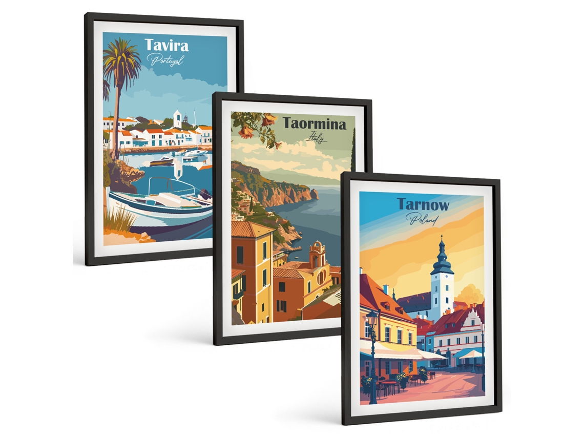Composição De Quadros Na Parede Vistas De Cidades Costeiras Moldura Preta Imagens Para Um Quarto Infantil Espelharte (3 Piezas De 40x60 Cm)